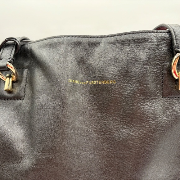 NEW~Diane Von Furstenberg Black Leather Tote/ Purse~Suede SideFringe~Red Lining - Picture 5 of 16